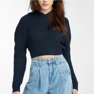 Eco by Design Navy Cotton Blend Cropped Long Sleeve Knit Sweater Hood Size Small